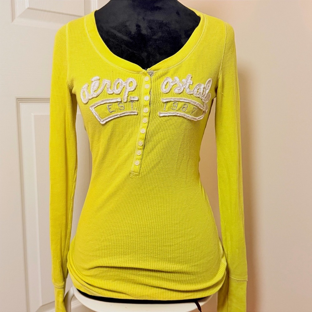 VTG Aeropostale Yellow Button Down Henley Long Sleeve Y2K Fitted Size M